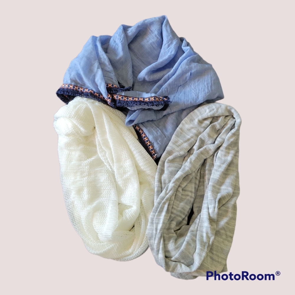 Set of 3 Summer Scarfs. White, Grey, Chambray